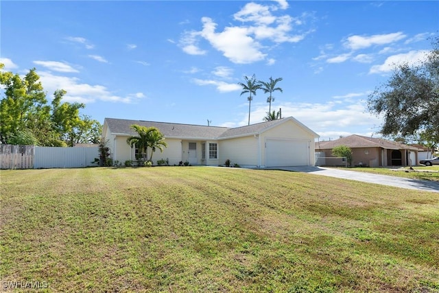 ranch-style house with a garage and a front yard