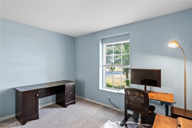 home office featuring light colored carpet