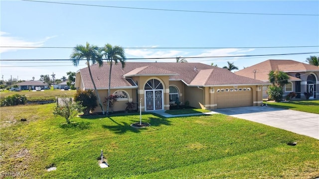 view of front facade featuring a garage and a front lawn