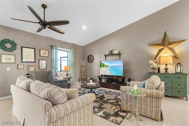 living room with lofted ceiling and ceiling fan