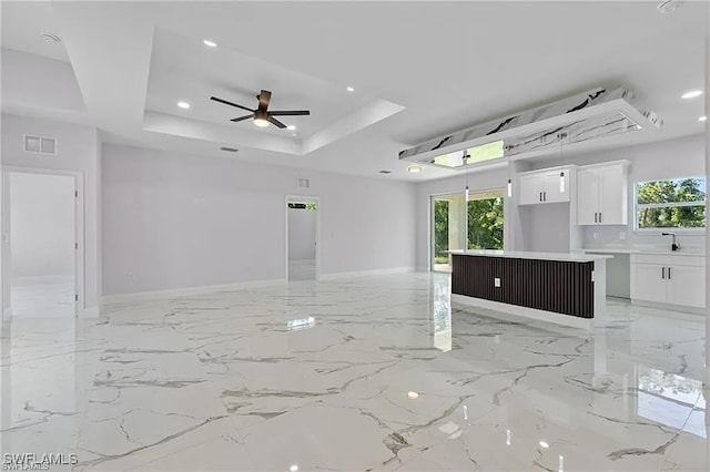 interior space with a raised ceiling, plenty of natural light, sink, and ceiling fan