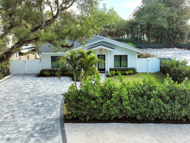 view of front of house featuring a gate, a front lawn, and stucco siding