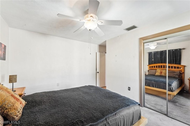 carpeted bedroom featuring ceiling fan