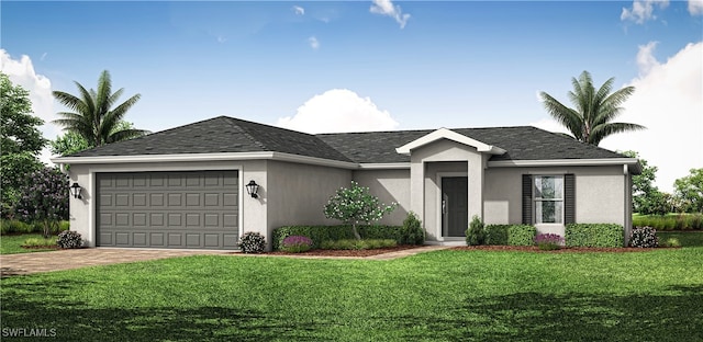 ranch-style home featuring driveway, a front lawn, an attached garage, and stucco siding