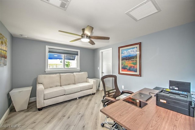 office area featuring light hardwood / wood-style floors and ceiling fan