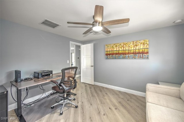 office space featuring ceiling fan and light hardwood / wood-style flooring