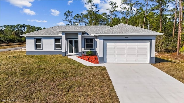 single story home with a garage and a front yard