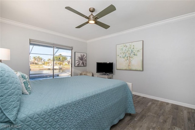 bedroom featuring ornamental molding, dark wood-type flooring, access to outside, and ceiling fan