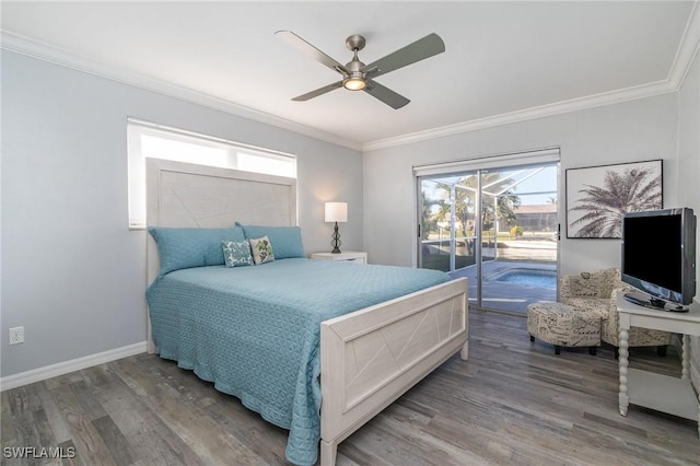 bedroom featuring ceiling fan, access to outside, ornamental molding, and wood-type flooring