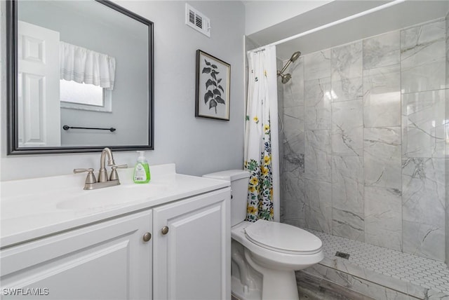 bathroom with vanity, toilet, and a shower with curtain