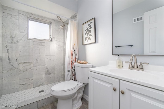 bathroom featuring vanity, toilet, and a shower with shower curtain