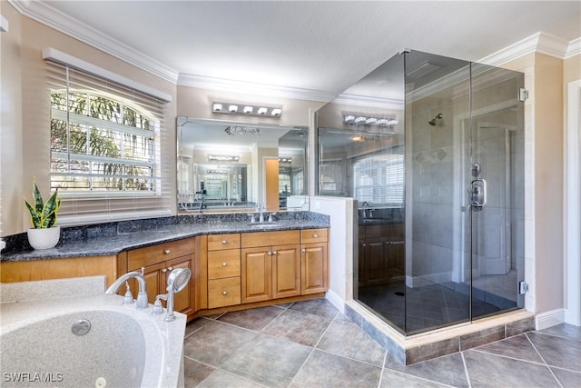 bathroom featuring crown molding, vanity, independent shower and bath, and tile patterned flooring