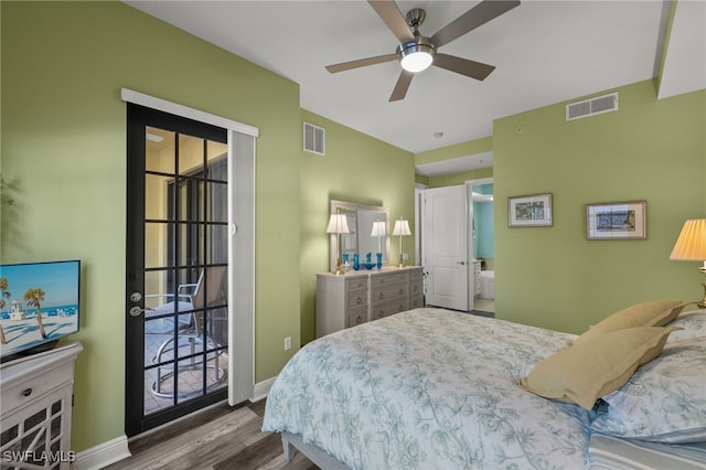 bedroom featuring wood-type flooring, access to exterior, and ceiling fan