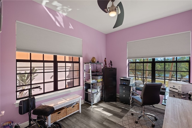 office area featuring hardwood / wood-style floors and ceiling fan