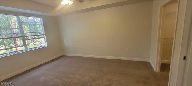 empty room featuring carpet flooring and ceiling fan