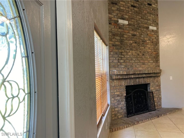 details with a brick fireplace