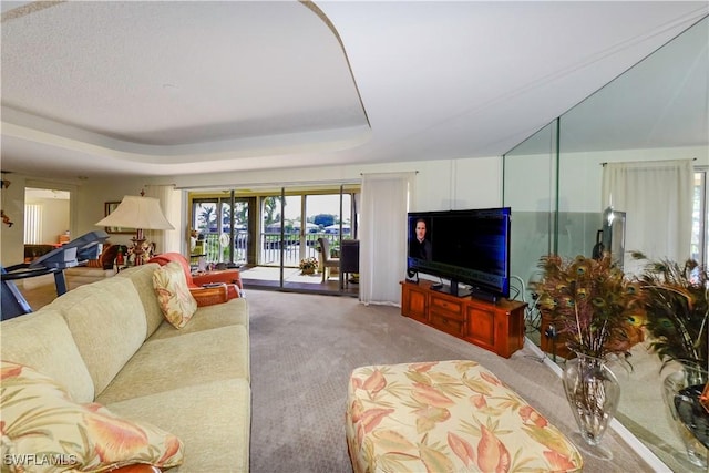 living room featuring a tray ceiling and light colored carpet