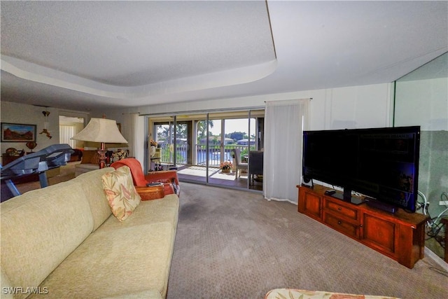 carpeted living room with a tray ceiling