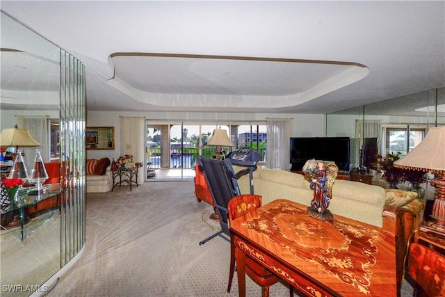 dining area featuring a tray ceiling and carpet floors