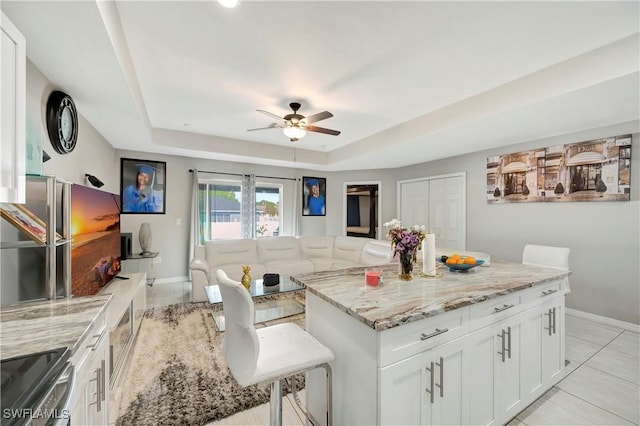 kitchen with white cabinetry, light stone counters, a kitchen breakfast bar, and a raised ceiling