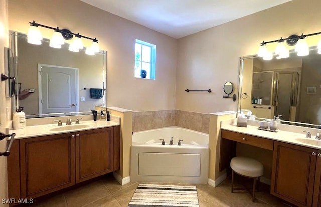 bathroom featuring vanity, tile patterned floors, and independent shower and bath