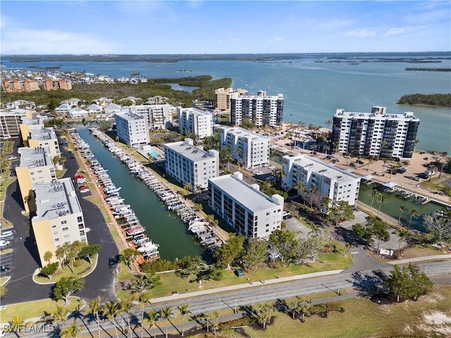 bird's eye view with a water view