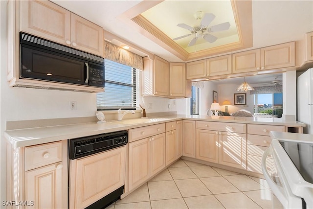 kitchen featuring pendant lighting, a wealth of natural light, a raised ceiling, and dishwasher