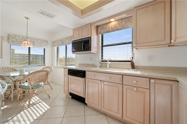 kitchen featuring light tile patterned floors, light brown cabinets, ornamental molding, dishwasher, and pendant lighting