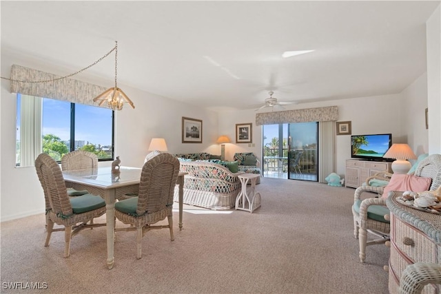 dining area featuring ceiling fan with notable chandelier and light carpet