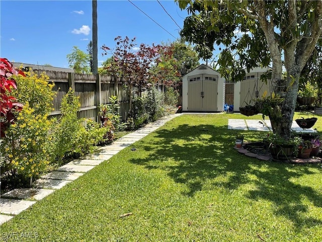 view of yard with a storage shed