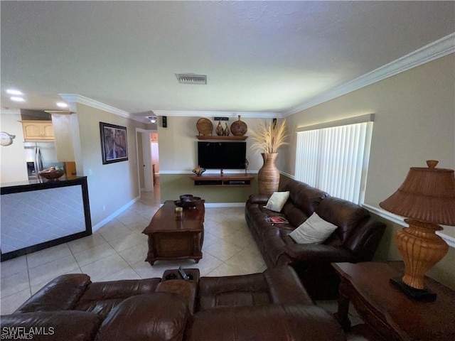 tiled living room featuring crown molding