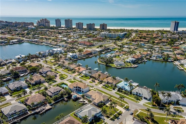 aerial view featuring a water view