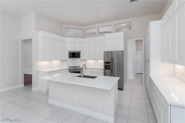 kitchen featuring a kitchen island with sink, sink, white cabinets, and appliances with stainless steel finishes