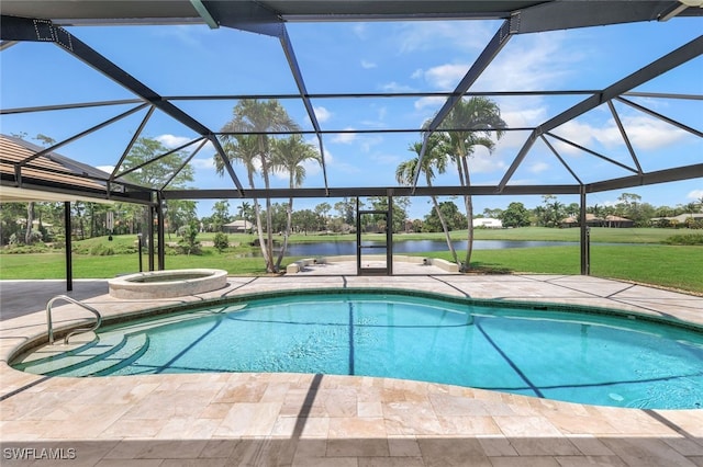 view of swimming pool featuring an in ground hot tub, a water view, glass enclosure, and a patio