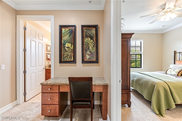 carpeted bedroom featuring crown molding and ceiling fan