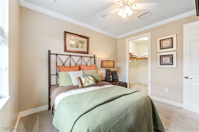 carpeted bedroom with crown molding, a spacious closet, ceiling fan, and a closet