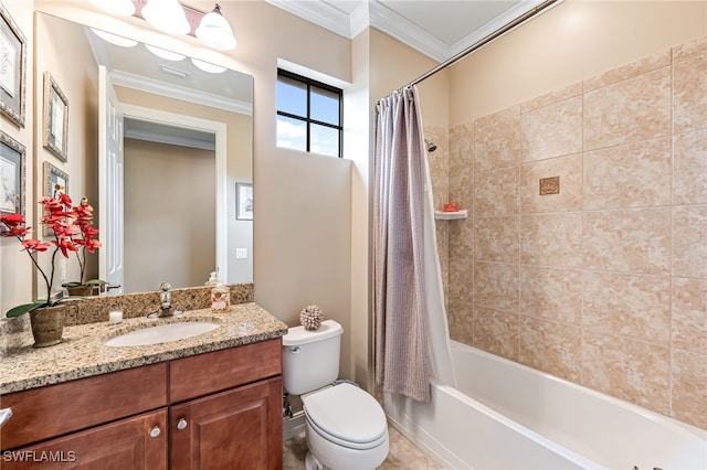full bathroom featuring ornamental molding, toilet, shower / tub combo, and vanity