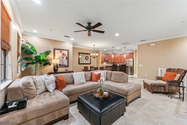 living room with ornamental molding, ceiling fan with notable chandelier, and light tile patterned floors