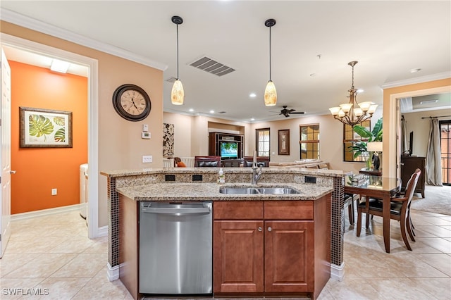kitchen featuring sink, crown molding, light stone counters, hanging light fixtures, and stainless steel dishwasher