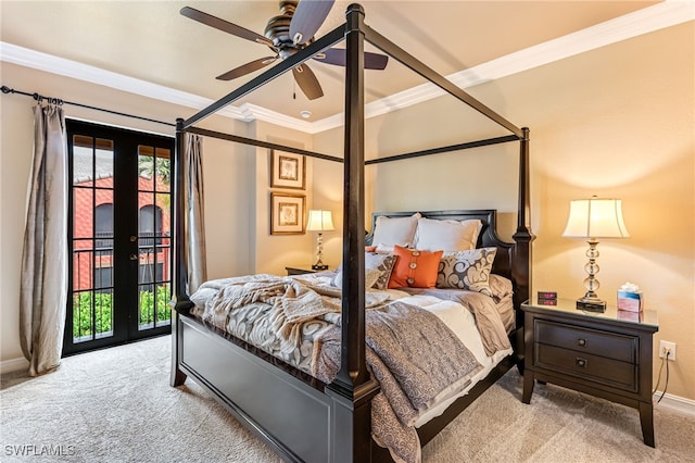 bedroom with crown molding, light carpet, access to exterior, and french doors