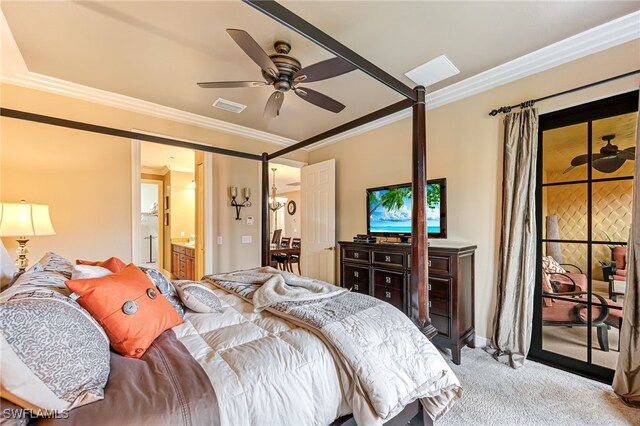 bedroom featuring ensuite bath, light colored carpet, ornamental molding, ceiling fan, and access to exterior
