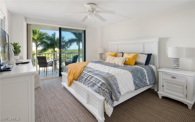 bedroom with floor to ceiling windows, access to exterior, and ceiling fan