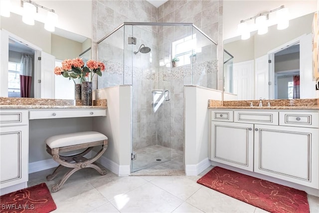 full bath featuring a stall shower, tile patterned floors, and vanity