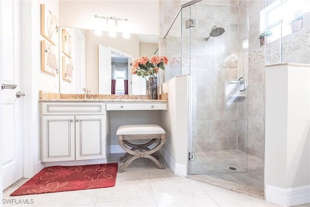 full bathroom with baseboards, a stall shower, vanity, and tile patterned floors