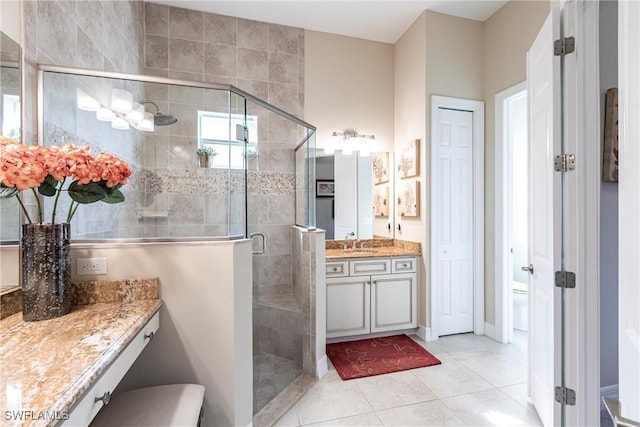 bathroom featuring tile patterned floors, a shower stall, a closet, and vanity