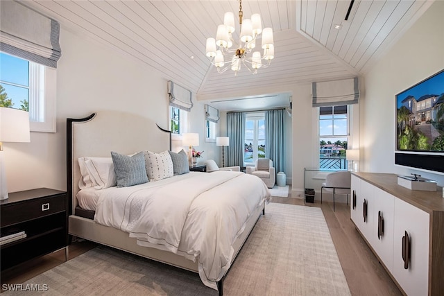 bedroom with lofted ceiling, wood-type flooring, wooden ceiling, and an inviting chandelier