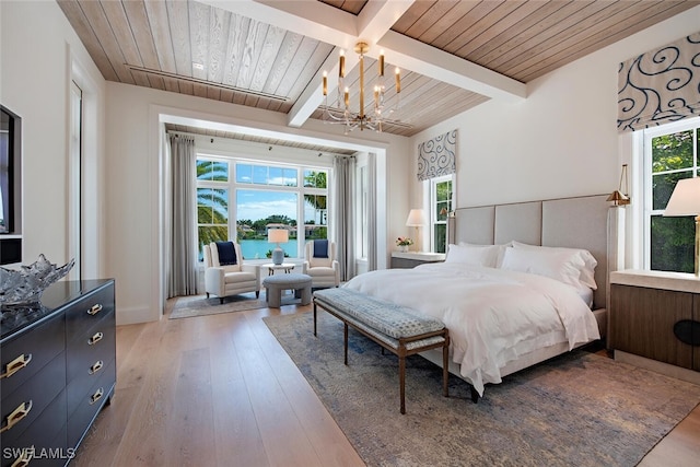 bedroom featuring beamed ceiling, wooden ceiling, a chandelier, and light wood-type flooring