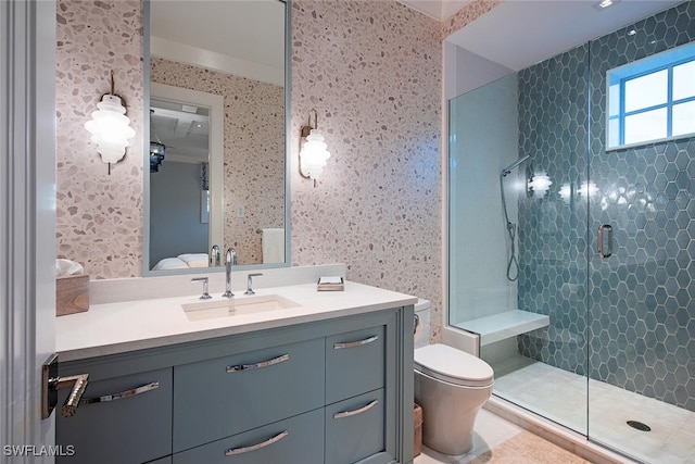 bathroom featuring a shower with door, vanity, and toilet