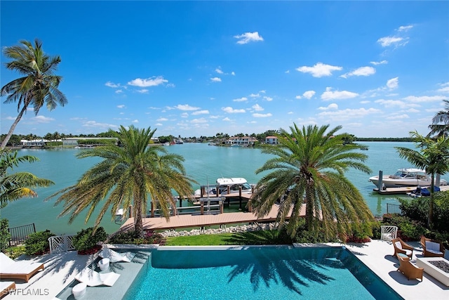 view of swimming pool with a boat dock and a water view