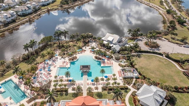 aerial view featuring a water view